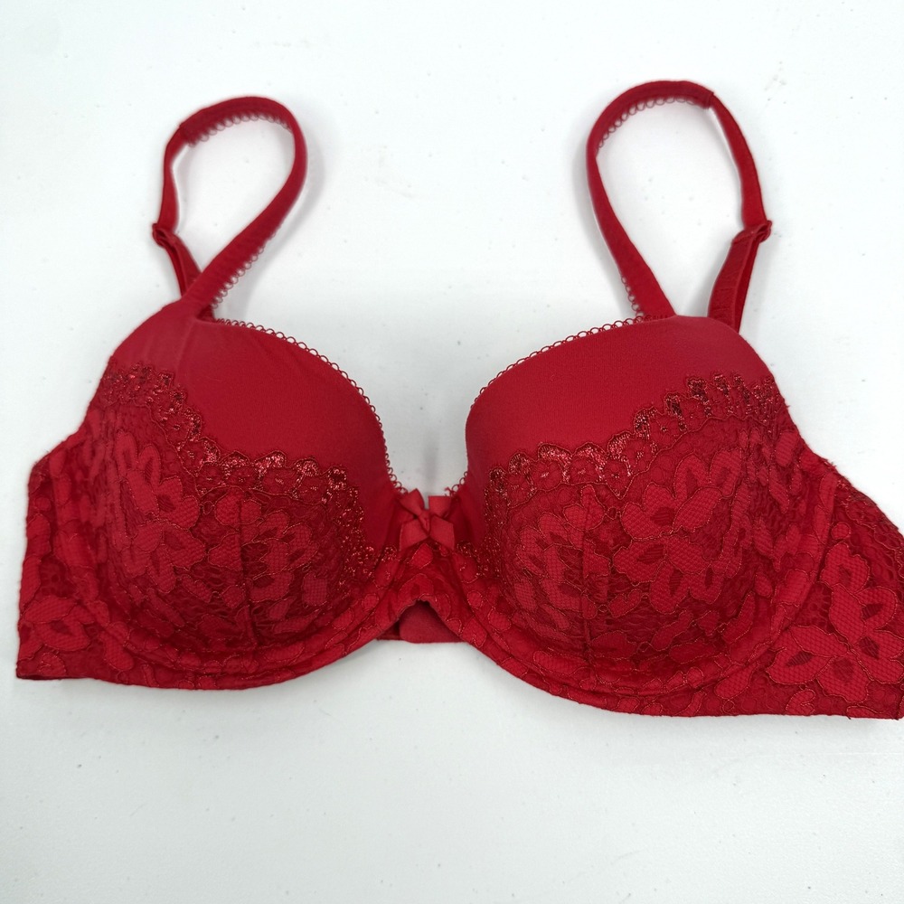 Body by‎ Victoria's Secret Lined Demi Bra Womens 32D Red Lace Metallic